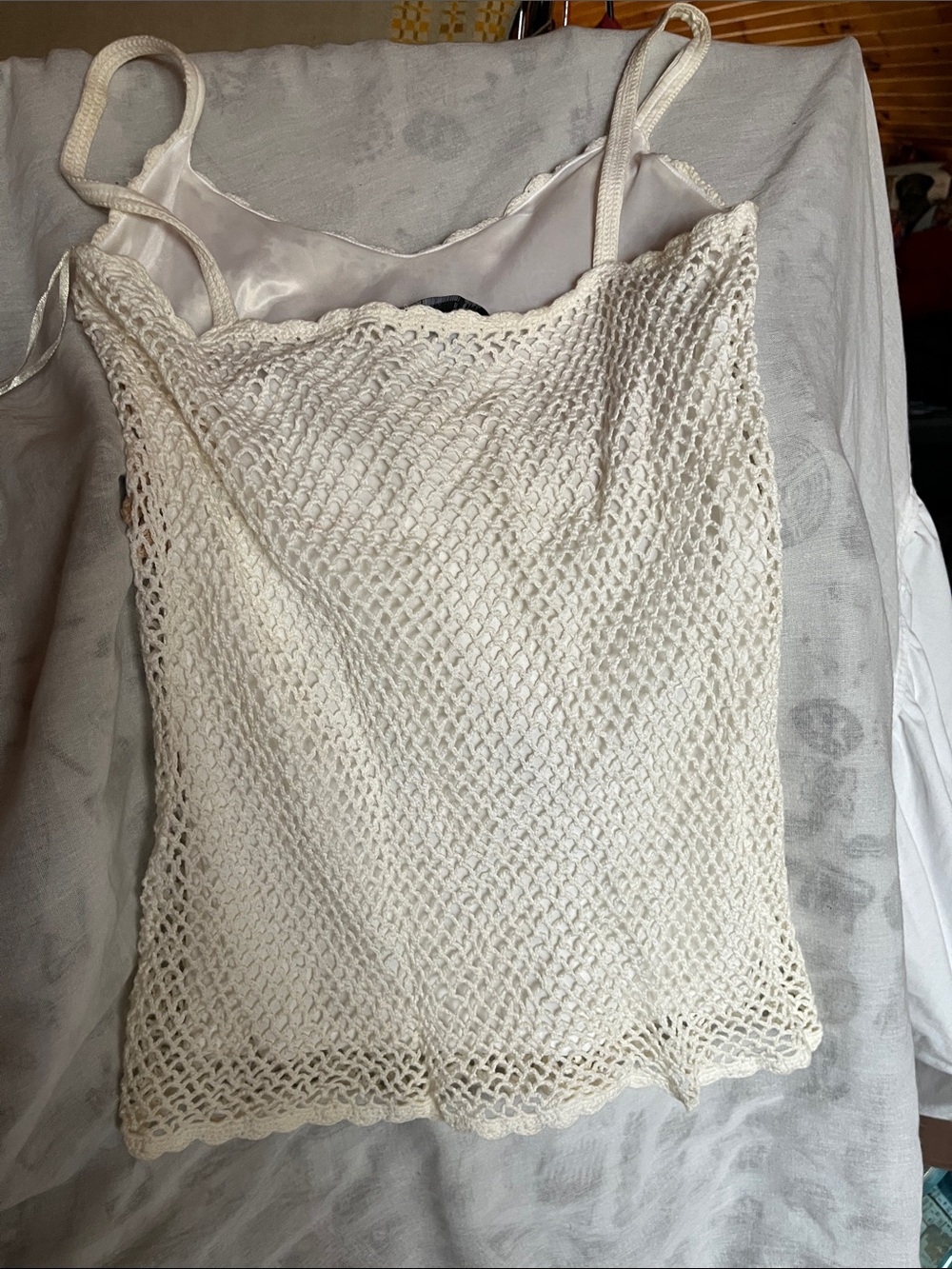 INC International Concepts Ivory Crochet Camisole with Tan Floral 17”PTP - Picture 3 of 7